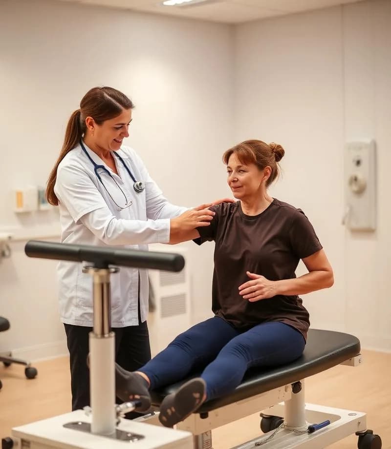 Clinician consulting with patient at a table