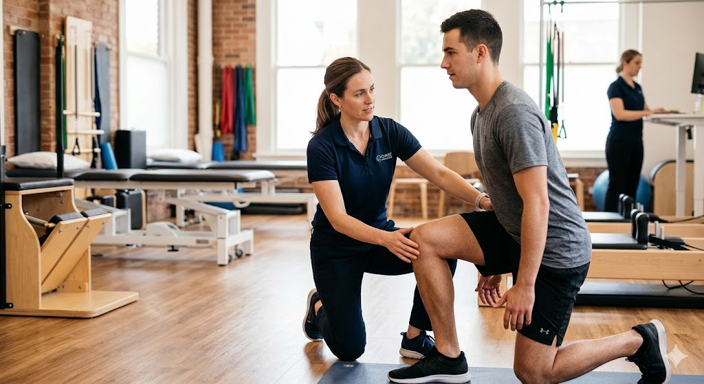 Physiotherapist assessing a patient's knee